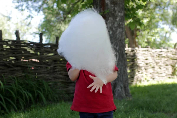 Grappige Kleine Jongen Eten Suikerspin Het Park Hij Verbergt Achter — Stockfoto