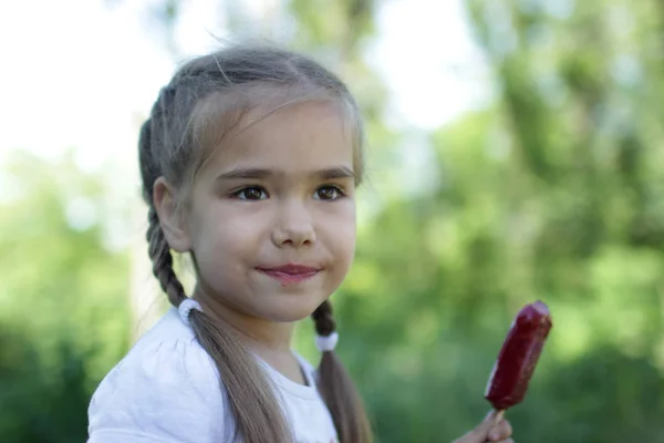 Niña Bonita Comiendo Helado Parque Feliz Verano Vacaciones Familiares Retrato — Foto de Stock