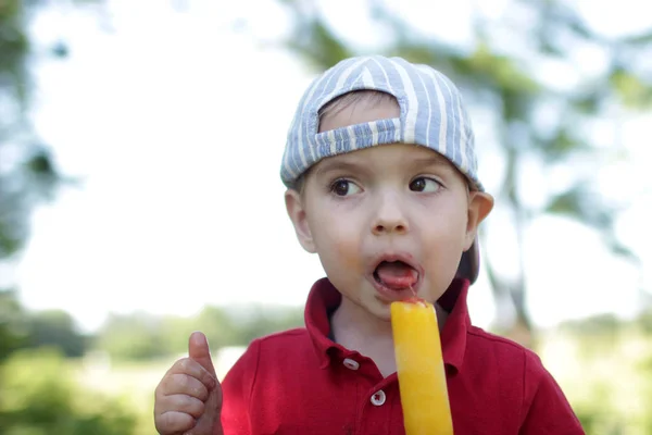 Close Retrato Criança Menino Sujo Depois Comer Sorvete Verão Livre — Fotografia de Stock