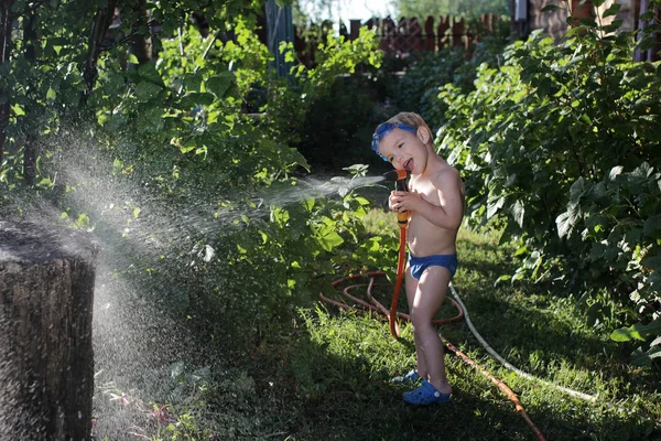 Happy Little Boy Watersport Goggles Pistol His Hands Watering Garden — Stock Photo, Image