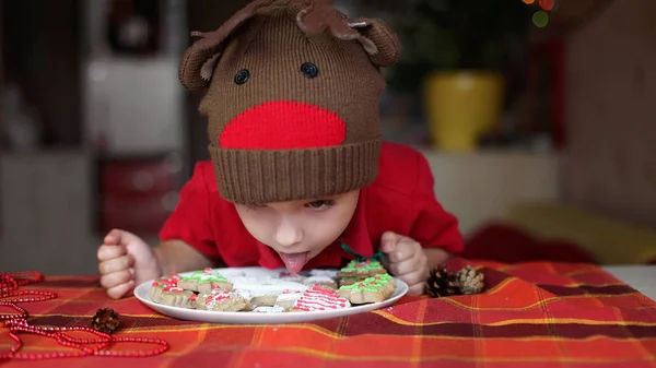Menino Bonito Criança Chapéu Renas Comer Biscoito Prato Festivo Com — Fotografia de Stock