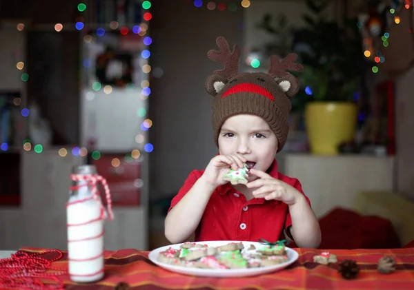 Menino Bonito Criança Chapéu Renas Comer Biscoito Prato Festivo Com — Fotografia de Stock