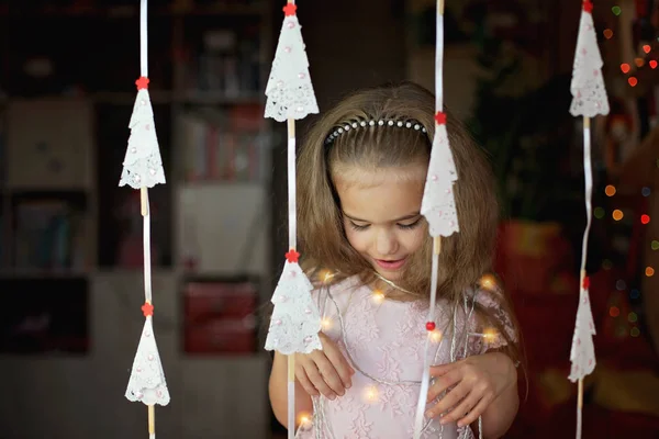 Cute Preschool Girl Beautiful Gala Dress Crafted Paper Trees Garland — Stock Photo, Image