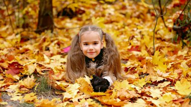 Sevimli küçük kız yürüyüş ve sonbahar yaprakları toplama