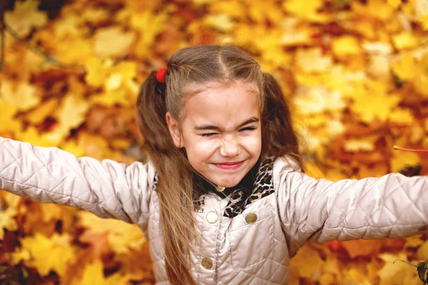 Linda niña caminando y recogiendo hojas de otoño — Foto de Stock