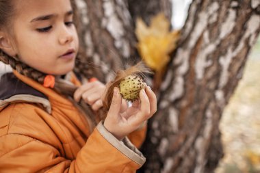 Sevimli liseli kız saçını gerçek kestaneyle tarıyor.