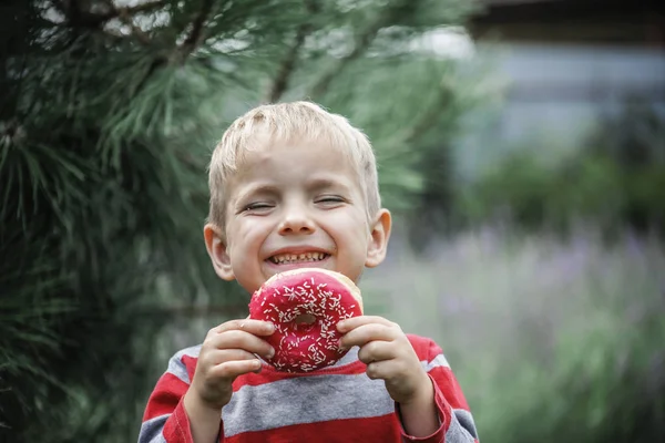 초원에서 밝은 분홍색 도넛을 먹고 있는 행복 한 소년 — 스톡 사진