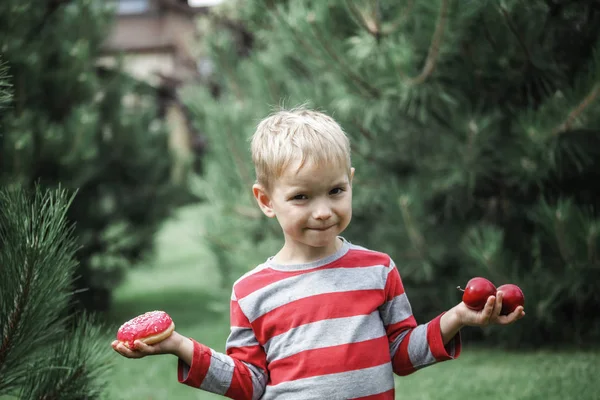 Niño feliz comiendo un donut rosa brillante en el prado — Foto de Stock