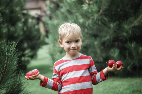 Happy boy eating a bright pink donut on the meadow — Stock Photo, Image