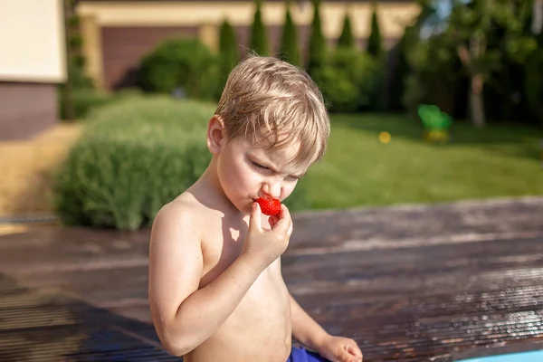 Family weekend in summer cottage, local staycation. Cute kids have a fun and eating juicy strawberry near the swimming pool, happy summertime, outdoor lifestyle