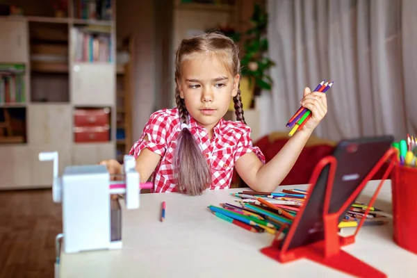 Back School Cute Scholar Girl Sharpening Colorful Pencils Reading Electronic — Stock Photo, Image