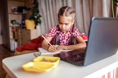 Uzaktan eğitim, okula dönüş konsepti. Evde online dersi sırasında ödev okuyan sevimli bir okul çocuğu, karantina sırasındaki sosyal uzaklık, kendini izole etme, internet üzerinden iletişim