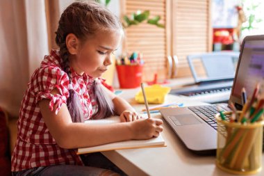 Uzaktan eğitim, okula dönüş konsepti. Evde online dersi sırasında ödev okuyan sevimli bir okul çocuğu, karantina sırasındaki sosyal uzaklık, kendini izole etme, internet üzerinden iletişim