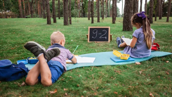 Okula geri döndüm. Salgın gerçekliğindeki açık hava dersleri sırasında yeşil çimlerin üzerinde oturan ilkokul öğrencileri. Güvenli melez eğitimi, sosyal mesafe kuralı, yeni okul rehberliği. 