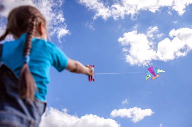 Mutlu bir çocukluk ve yaz tatili. Genç bir çocuk çayırda uçurtmayla eğleniyor ve oynuyor, mavi gökyüzü ve güzel manzara. Yaz açık havada, alan arkaplanıyla başa çık