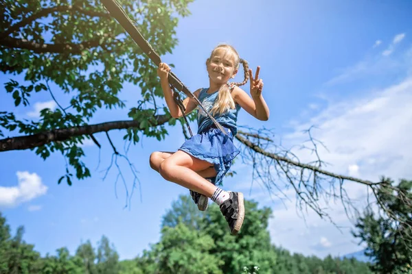 Szczęśliwego Lata Cute Girl Zabawy Latanie Ręcznie Wykonane Huśtawka Górach — Zdjęcie stockowe