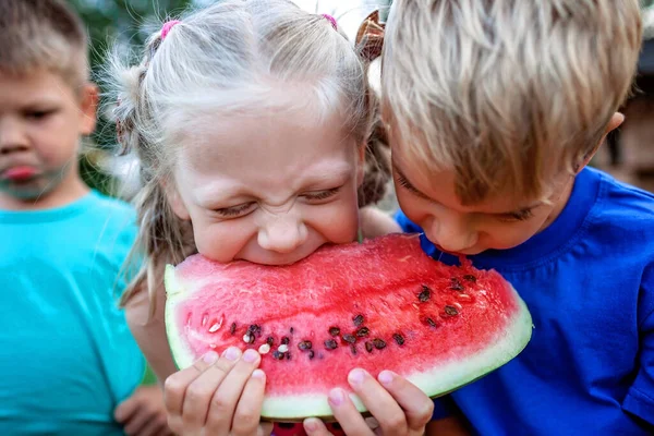 Healthy Summer Food Group Kids Eating Watermelon Together Backyard Farmhouse — Stock Photo, Image