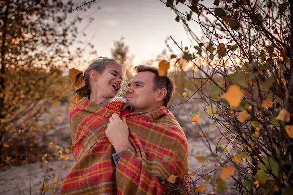 Family Autumn Walking Cute Girl Her Father Wrapping Soft Plaid — Stock Photo, Image