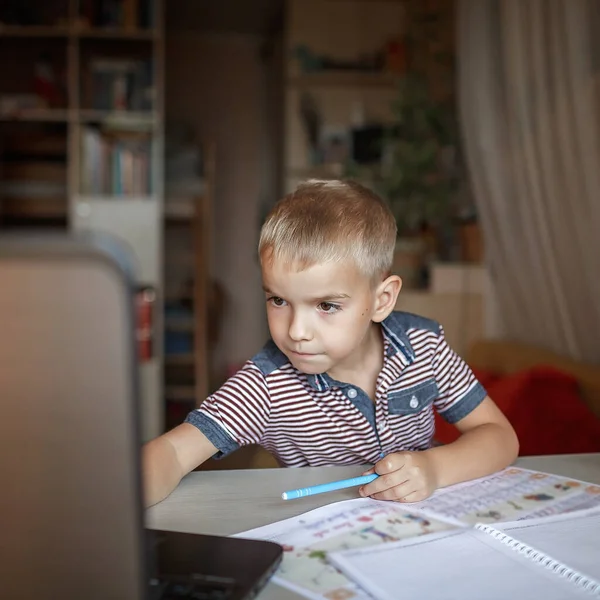 Distant Education Online Class Meeting Years School Boy Studying Homework — Stock Photo, Image