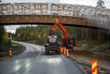 Kazıcı ve traktör sonbahar ormanlarında köprü altında yol yapımında çalışıyor..