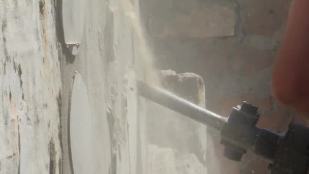 Worker Demolition Hammer Breaking Interior Wall — Stock Video