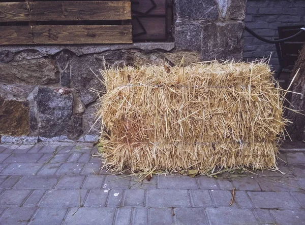На городской тротуарной плите лежит стог сена. Деревня в городе . — стоковое фото