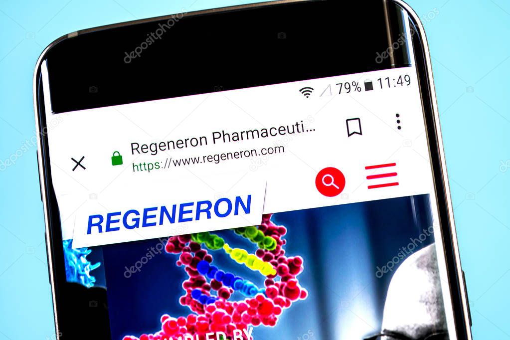 Berdyansk, Ukraine - 4 June 2019: Regeneron Pharmaceuticals website homepage. Regeneron Pharmaceuticals logo visible on the phone screen, Illustrative Editorial