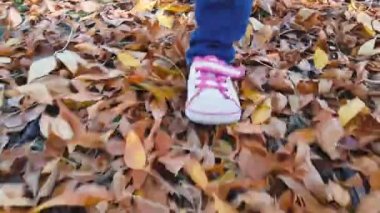 Genç kız sonbahar parkında yürüyor. Childs 'ın ayakları Sonbahar yaprakları arasında yürüyor.