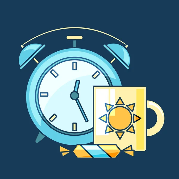 Векторна Ілюстрація Дизайну Синього Годинника Чашкою Кави Синьому Фоні — стоковий вектор