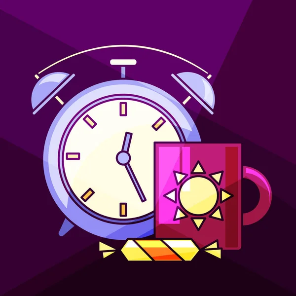 Vector Illustration Design Purple Clock Icon Coffee Cup Purple Background — Stock Vector