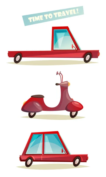 Conjunto Colorido Três Veículos Caminhão Automóvel Scooter Ilustração Dos Desenhos — Vetor de Stock