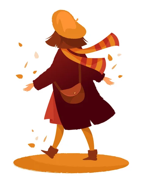 Colorful Vector Illustration Cartoon Woman Character Wearing Autumn Clothes Walking — Stock Vector