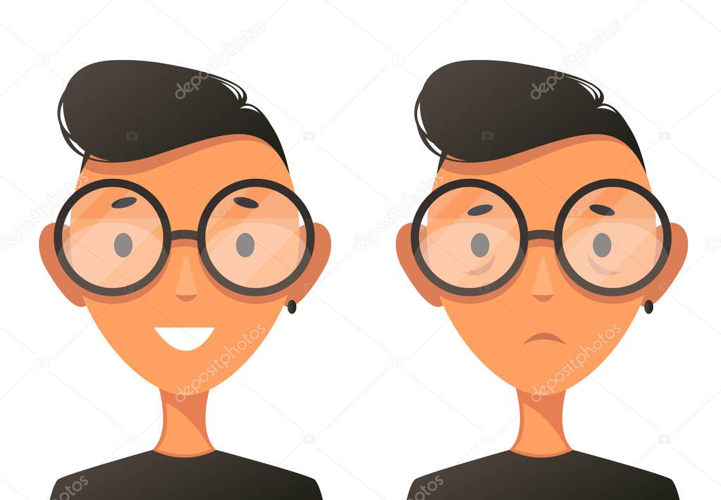 Colorful vector illustration school boy faces. Happy and sad faces of boy in eyeglasses