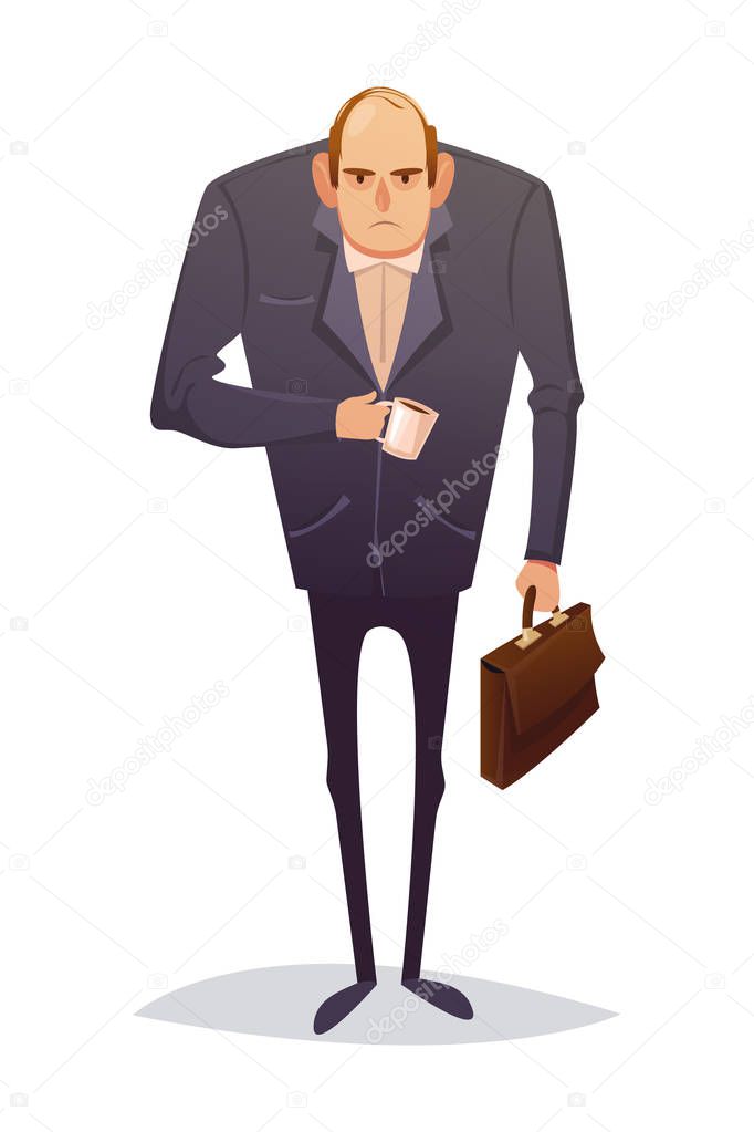 Angry, tired man in a suit goes to work. He is holding a briefcase and a cup of coffee. Vector cartoon illustration. Character design