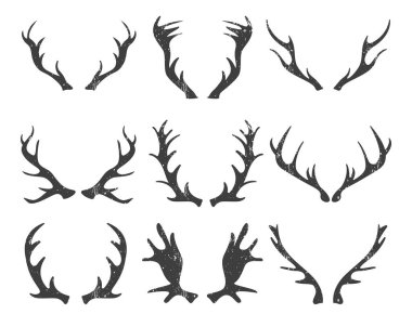 Rustik boynuzları vektör kümesi. Eski püskü illüstrasyon. Dekor elemanları.