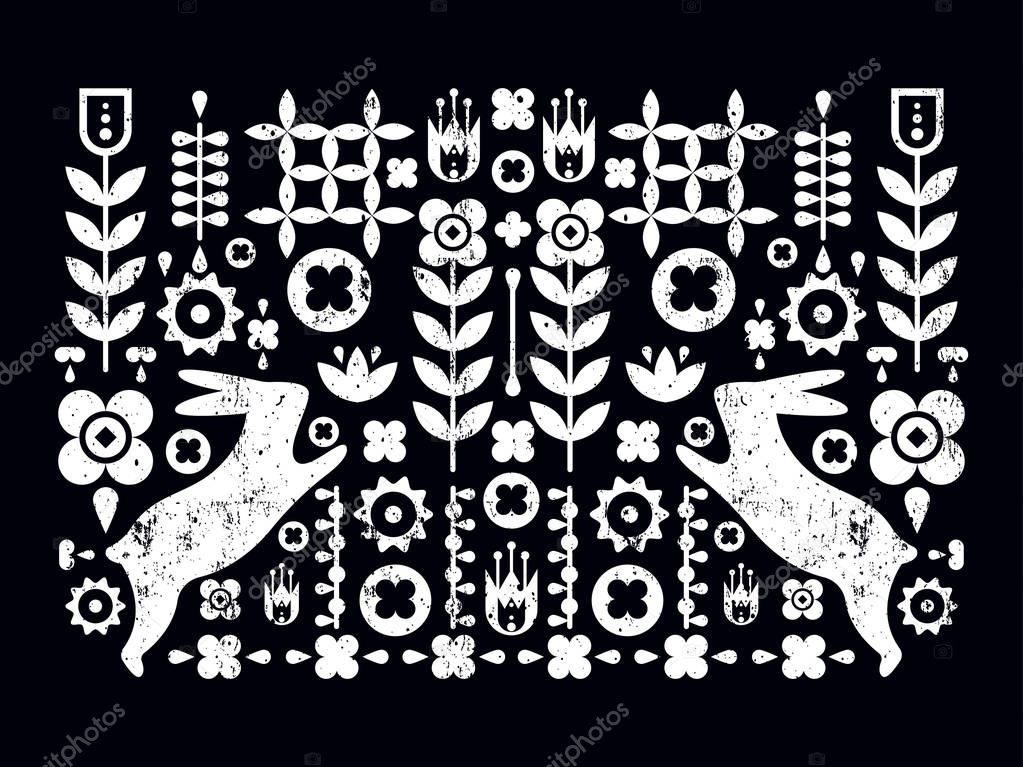 Cute vector symmetrical illustration. Folk art. Rustic style postcard