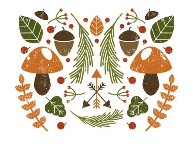 Eski püskü rustik vektör orman öğeleri. Mantar, pines, yaprakları, çilek. Kartpostal, sepeti, kitap Illustration
