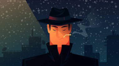 Portrait of a man in a black coat and hat. Detective. He smokes. Vector cartoon illustration. Character design clipart
