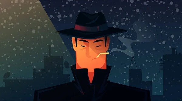 Retrato Hombre Con Abrigo Negro Sombrero Detective Fuma Ilustración Dibujos — Archivo Imágenes Vectoriales