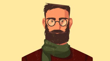 Handsome bearded man in round glasses. Winter, scarf, coat, etc clipart