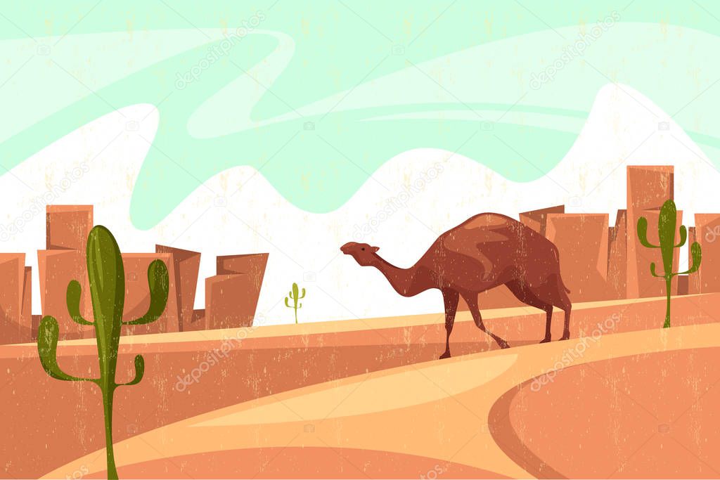 Desert, camel, cactus. Africa, summer. Cartoon style illustration.
