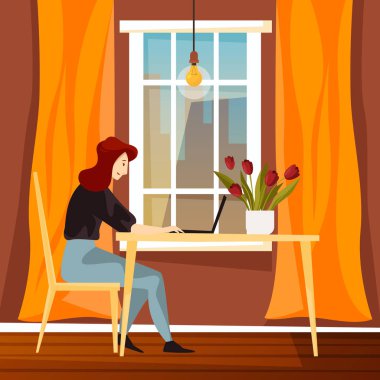 Dizüstü bilgisayarda çalışan şirin kızıl saçlı kız. Vektör karikatür çizim. Karakter tasarımı.