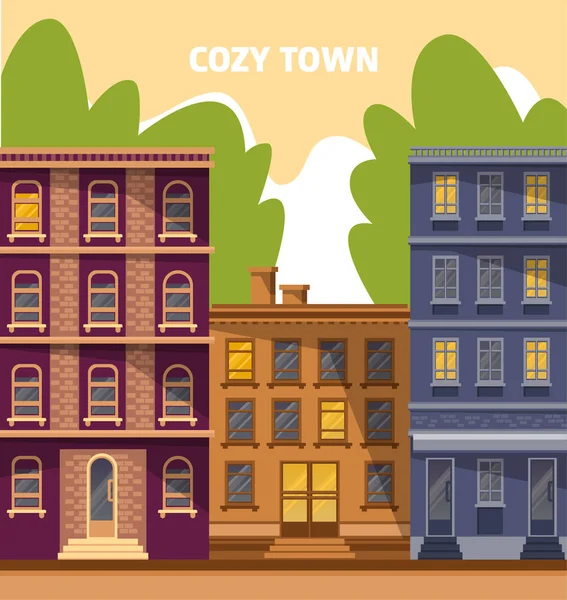 Vektorové Ilustrace Kreslené Cozy Město Zobrazení Street View — Stockový vektor