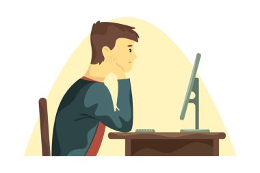 Genç adam bilgisayarda çalışır. Vektör karikatür çizim. Karakter tasarımı