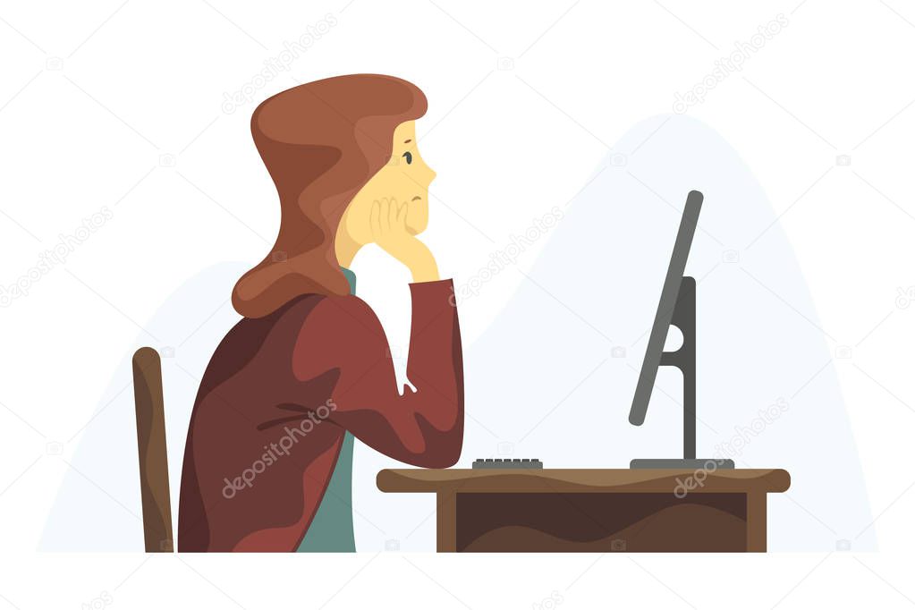 Young woman works at the computer. Vector cartoon illustration. Character design