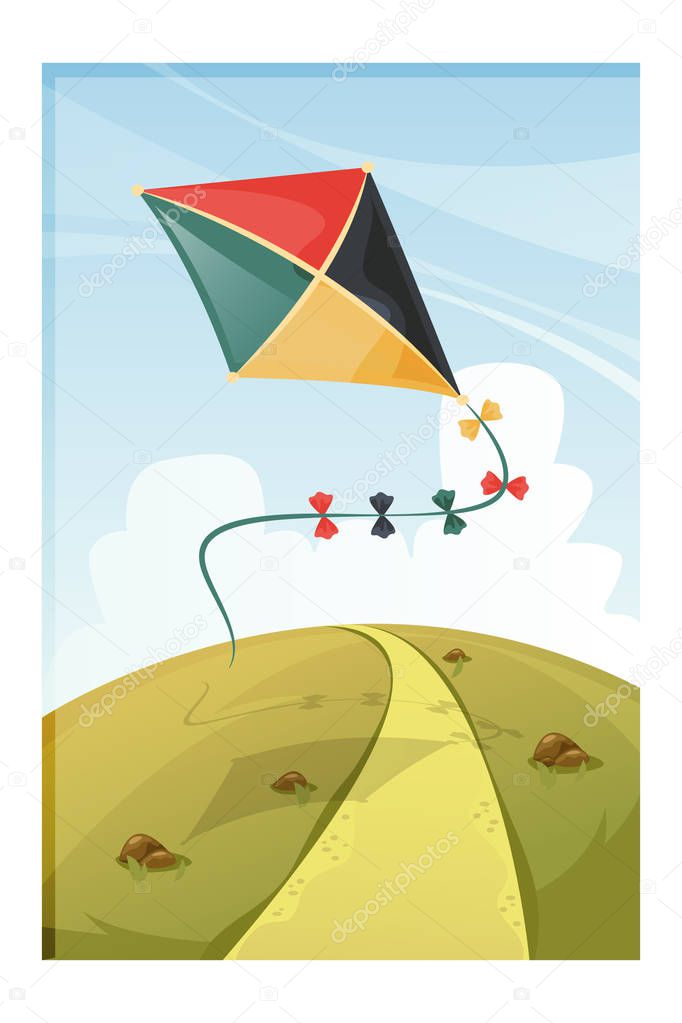 Cute vector illustration of a kite that flies over a hill