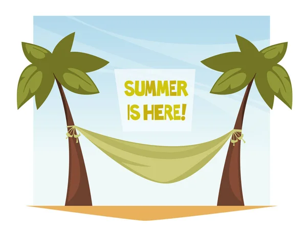 Мила Літня Ілюстрація Пальми Гамак Пляж Векторна Ілюстрація Мультфільму Листівка — стоковий вектор