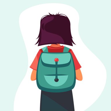 Back view of school girl with backpack on back, colorful vector character clipart