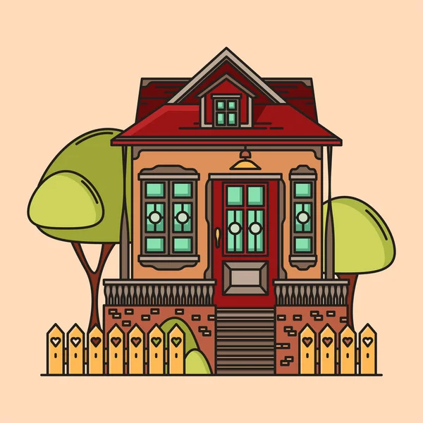 Ilustração Vetorial Colorida Casa Acolhedora Com Árvores Verdes — Vetor de Stock