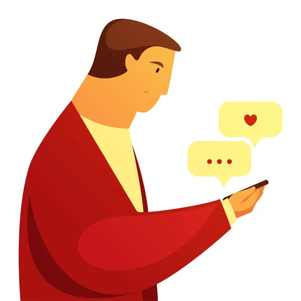 Young Guy Looks Phone Waiting Response Message Vector Cartoon Illustration — 스톡 벡터